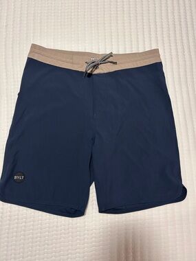 BYLT Basics Navy Swim Trunks with Tan Waistband Accent